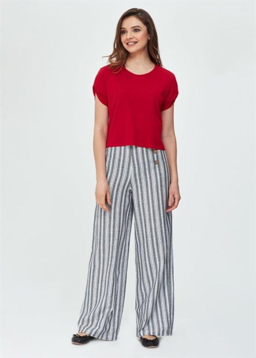 BLACK STRIPED WEAVING BUTTON DETAIL WOMEN'S TROUSERS WITH WIDE LEGS
