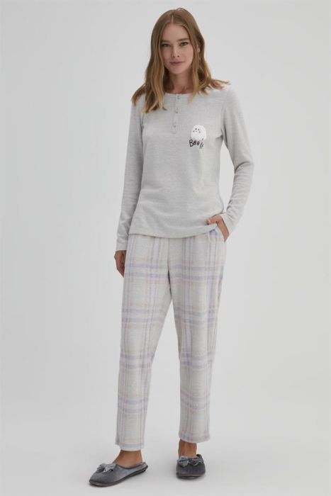 BEIGE WOMEN'S JACQUARD INTERLOCK LONG SLEEVE PAJAMAS SET