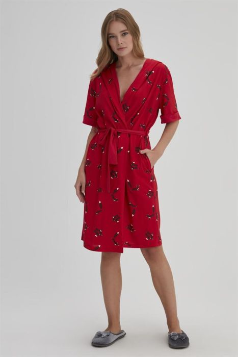 RED WOMEN MODAL MORNING FOX PATTERNED DRESSING GOWN