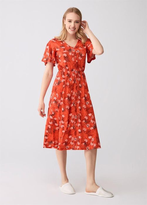 RED V-NECK MODAL FABRIC PATTERNED WOMEN'S SHORT SLEEVE WITH BUTTONS ON THE FRONT NIGHTGOWN