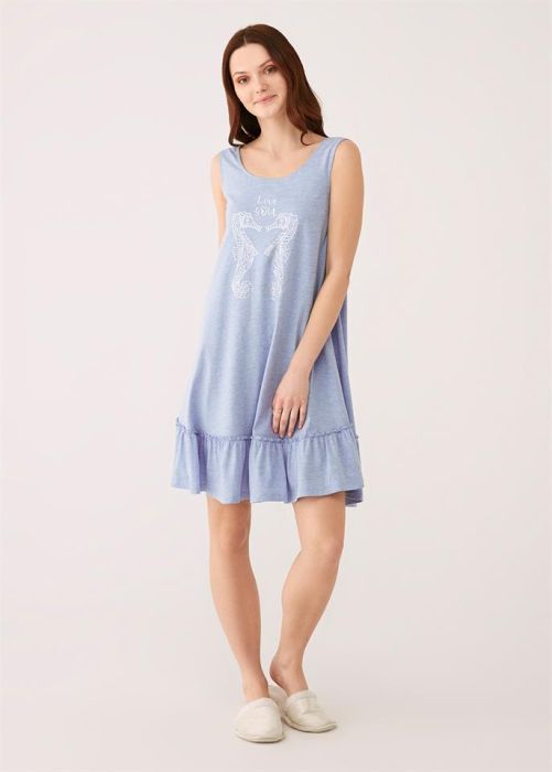 BLUE MELANGE THAT COLLAR SEA HORSE PATTERNED SLEEVELESS NIGHTGOWN