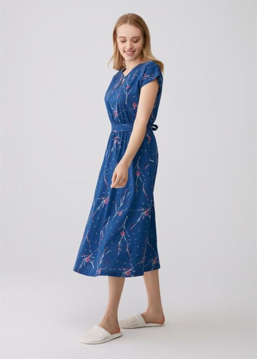 NAVY BLUE O-COLLAR MODAL FABRIC PATTERNED WOMEN SHORT SLEEVE NIGHTGOWN