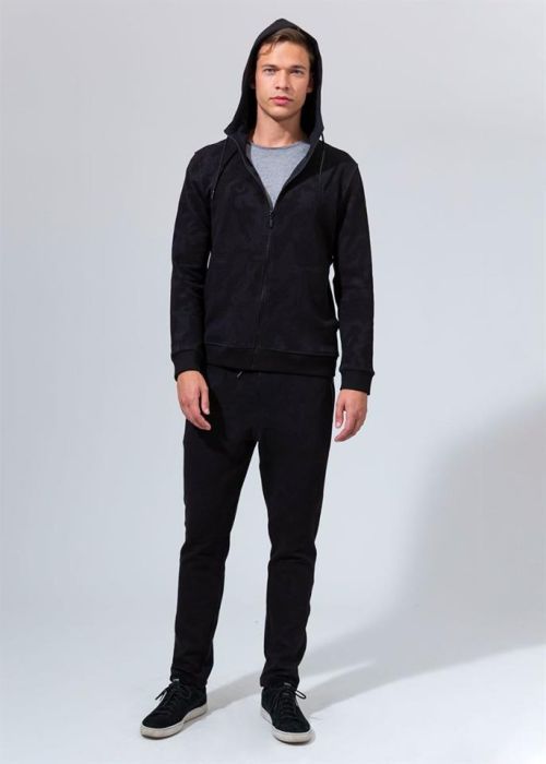 BLACK CAMOUFLAGE PATTERNED ZIPPERED HOODED MEN'S SWEATSHIRT