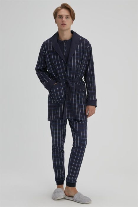 NAVY BLUE MEN'S PLAID DRESSING GOWN