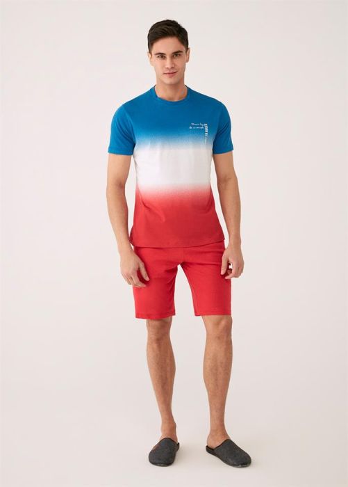 BLUE MELANGE O-COLLAR COTTON DEGRADE MEN'S SHORTS SET