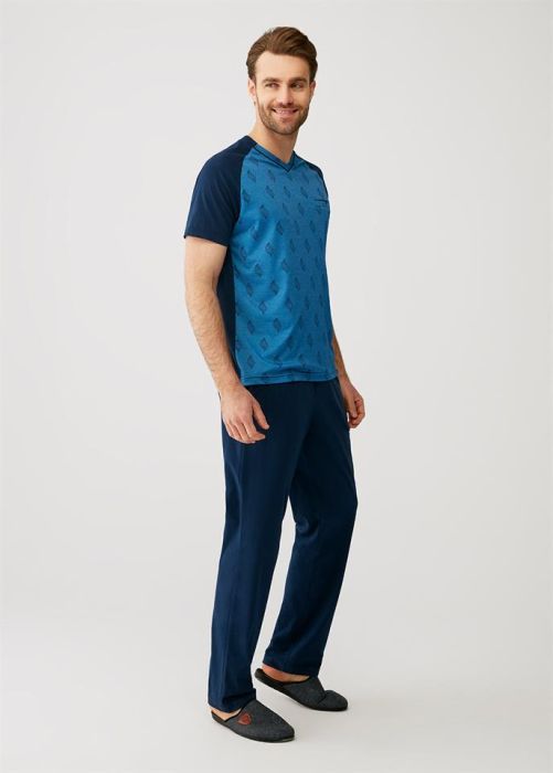 BLUE V-NECK JACQUARD MEN'S SHORT SLEEVE PAJAMAS SET