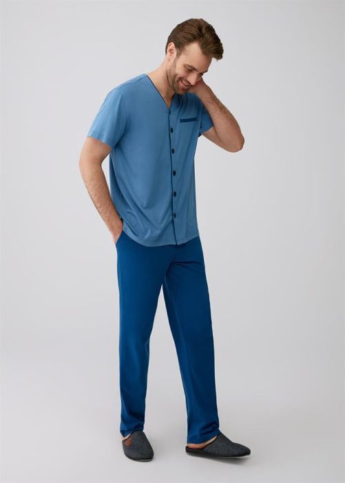 BLUE MODAL FABRIC MEN SHIRT SHORT SLEEVE PAJAMAS SET