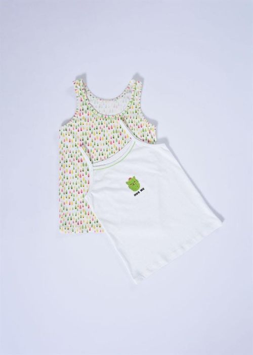 GREEN- ECRU 2-COMBED CACTUS PATTERNED GIRL UNDERSHIRT