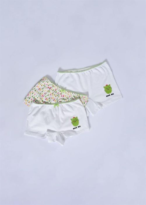 GREEN- ECRU 2 PCS COMBED CACTUS PATTERNED GIRL BOXER