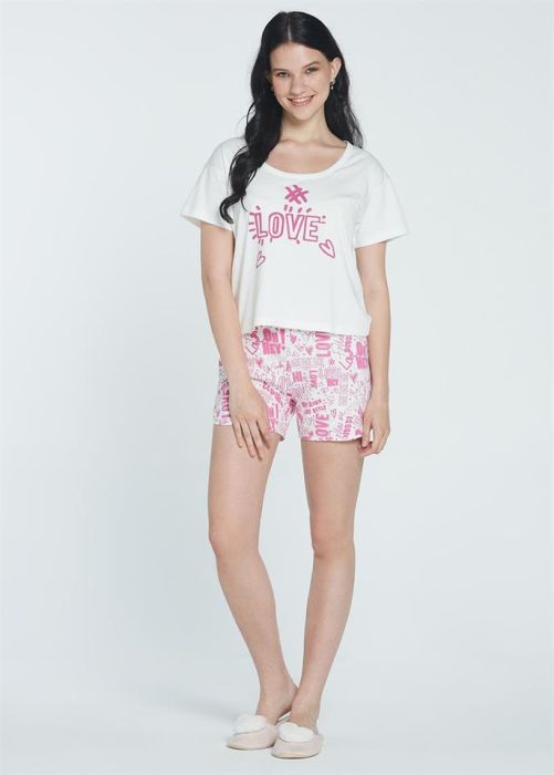 ECRU-FUŞYA COTTON LOVE PRINTED O-COLLAR SHORTS SET