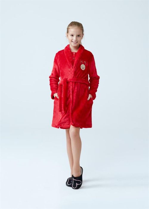 RED BELTED PRINTED GIRL DRESSING GOWN