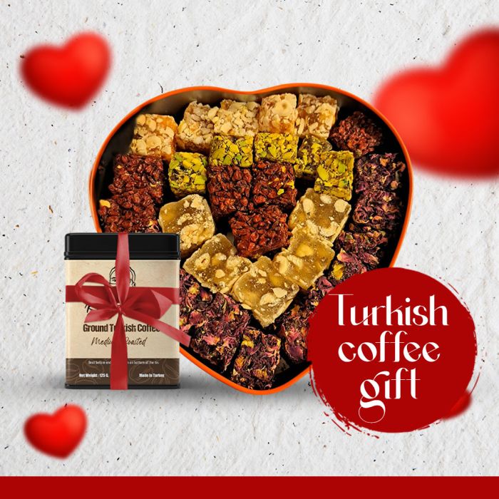 Kadhem Efendi, Valentine's Day % 80 Honey Special Mixed  Turkish Delight 1.1 Kg. with Gifted Turkish Coffee